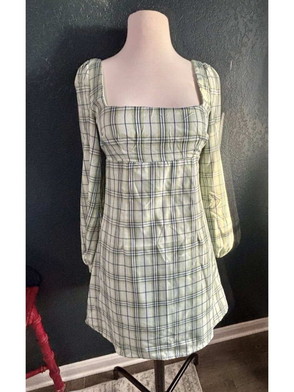 NWT Princess Polly Sz 4 Hastings Long Sleeve Mini Dress Green Check Dress